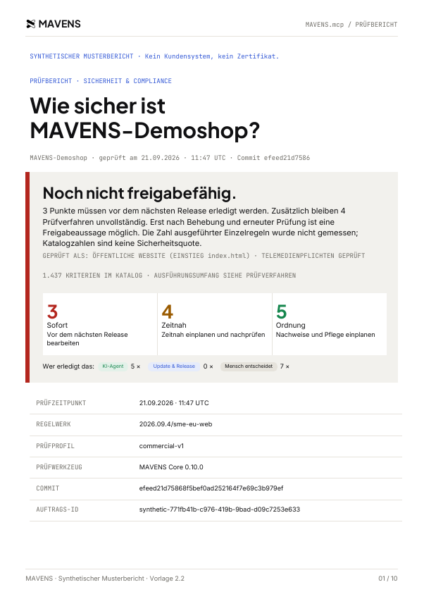 Titelseite des synthetischen Musterberichts: noch nicht freigabefähig, drei Punkte sofort, vier zeitnah, fünf zur Ordnung; Prüfergebnisse und ausdrücklich ausgewiesene Prüfgrenzen.
